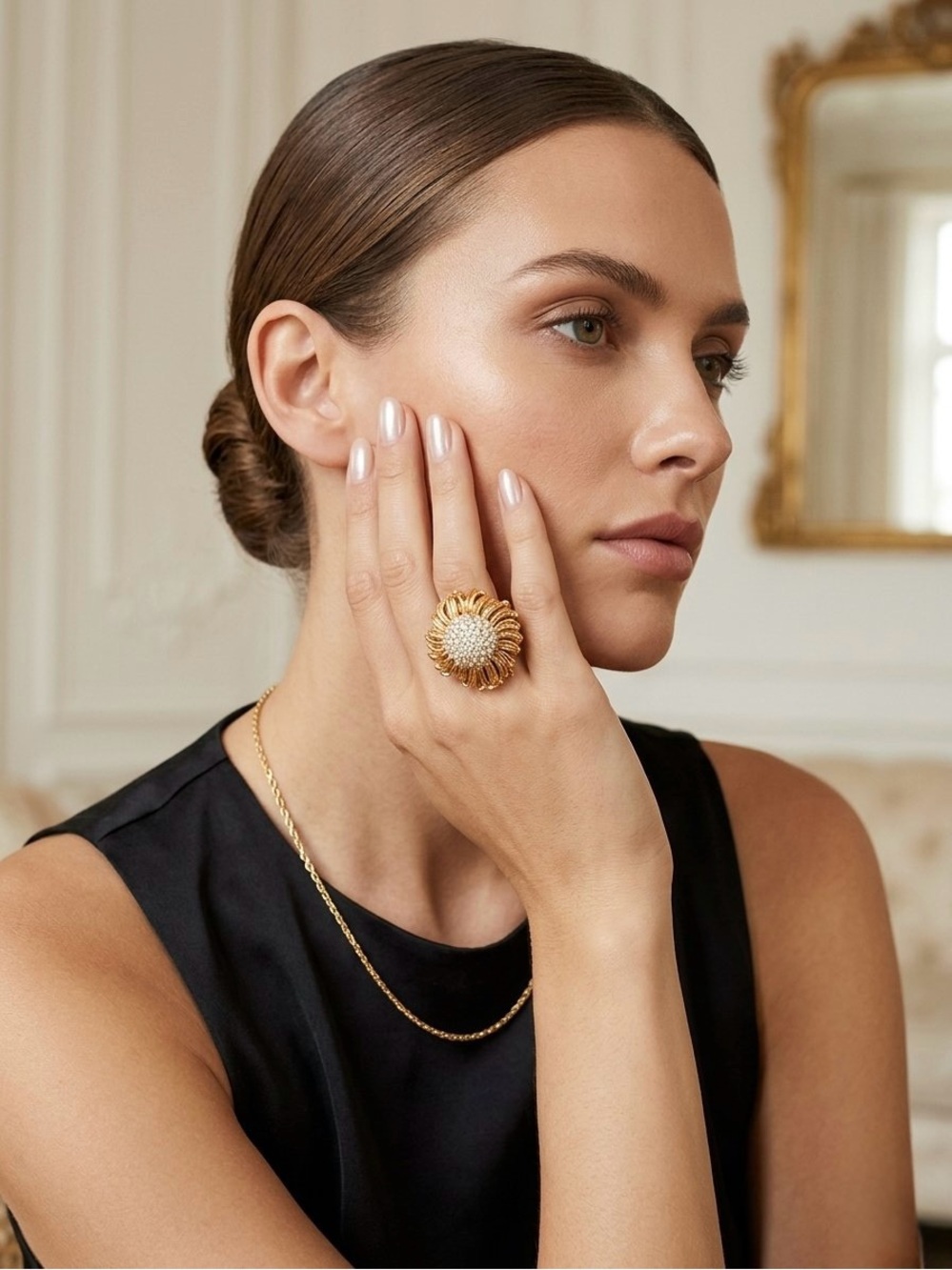 Joan Boyce HSN Pavé Crystal Flower Cocktail Ring Gold tone size 7.5